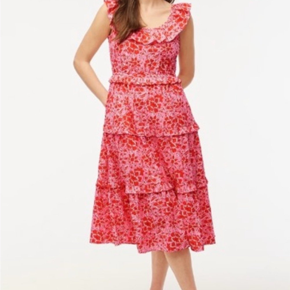 J. Crew Factory Pink and Red Floral Tiered Midi Dress 100% Cotton Size 4